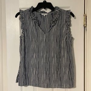 Crown & Ivy top
Shoulder and collar ruffles
Checkered royal blue and white